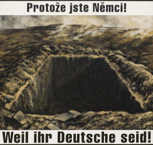 Tak odpověděli jednomu z pamětníků příslušníci Revoluční gardy, když se ptal na důvod zatčení své rodiny. Většinu obrazové plochy zabírá vykopaný hromadný hrob. Šlo mi o to, aby se divák mohl podívat dovnitř, aby mohl „dojít“ až na okraj hrobu. Překvapilo mě, jak intenzivní ten pocit je, o kolik je jiný, než pohled do běžného hrobu pro jednoho mrtvého. Je to hrozivé. Text v horní části obrazu připomíná jeden z nejstrašnějších případů československé bestiality během odsunu – případ z 18.–19. června 1945 v Horních Moštěnicích u Přerova, kde bylo bez jakéhokoliv vyšetřování zavražděno 265 civilních osob. Dokonce ani není jisté, kdo byly oběti, protože některé hovořily pouze slovensky. Tento případ jsem zaznamenal na textovém obrazu „Spravedlnost – Die Gerechtigkeit“, kde se s ním můžete seznámit.