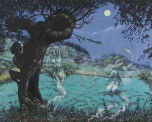 „Vodník a holky divoký, průsvitný – minulý úplněk u Katzbalu“ 2013, olej, plátno, 100x80 cm