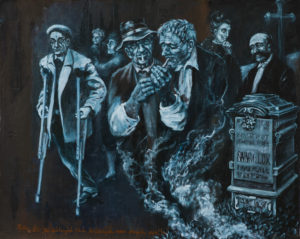 „Hřbitov – velká skupina s náhrobkem“ 2014, olej, sololit, asi 50x40 cm (soukromá sbírka)