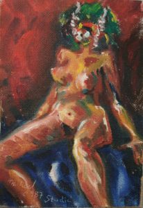 „Akt v masce“ 1987, olej, sololit, 18x23 cm